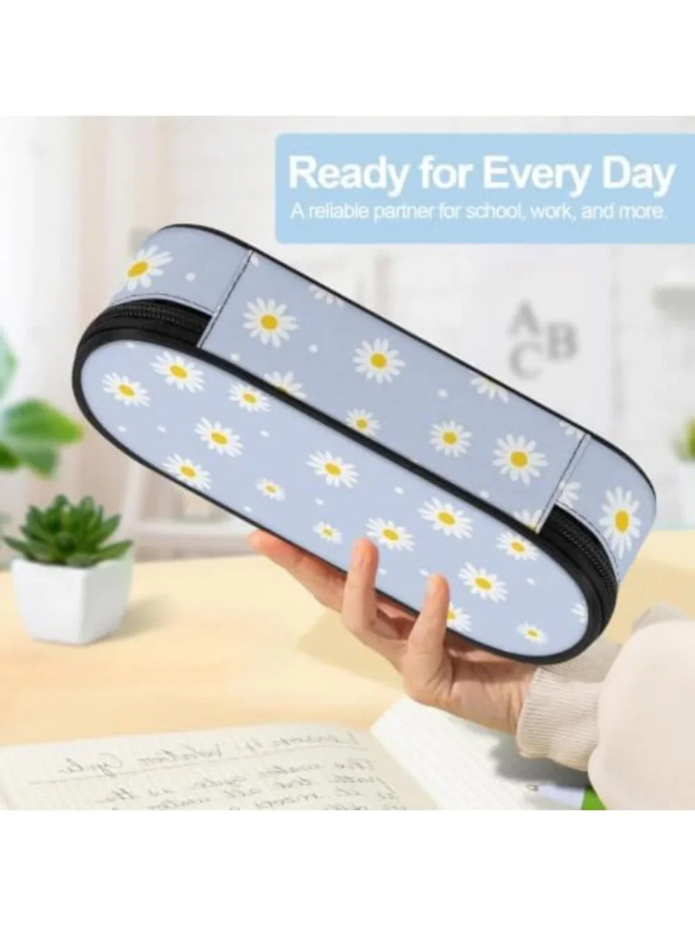 Cute Blue Daisy Flower Large Pencil Case | Stylish Pouch for Kids & Teens